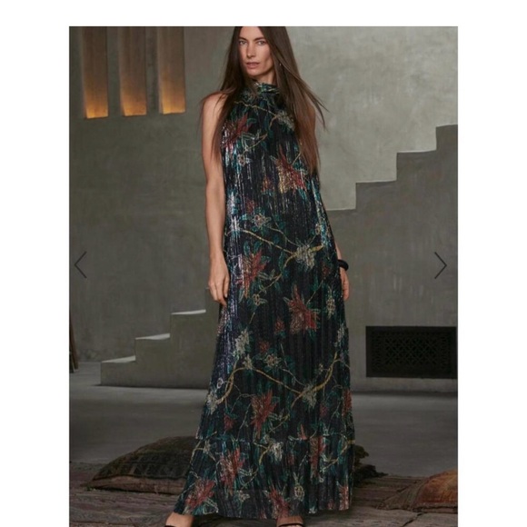 Johnny Was Black Floral Halter Maxi Dress with Green and Rust Accents - Picture 3 of 5